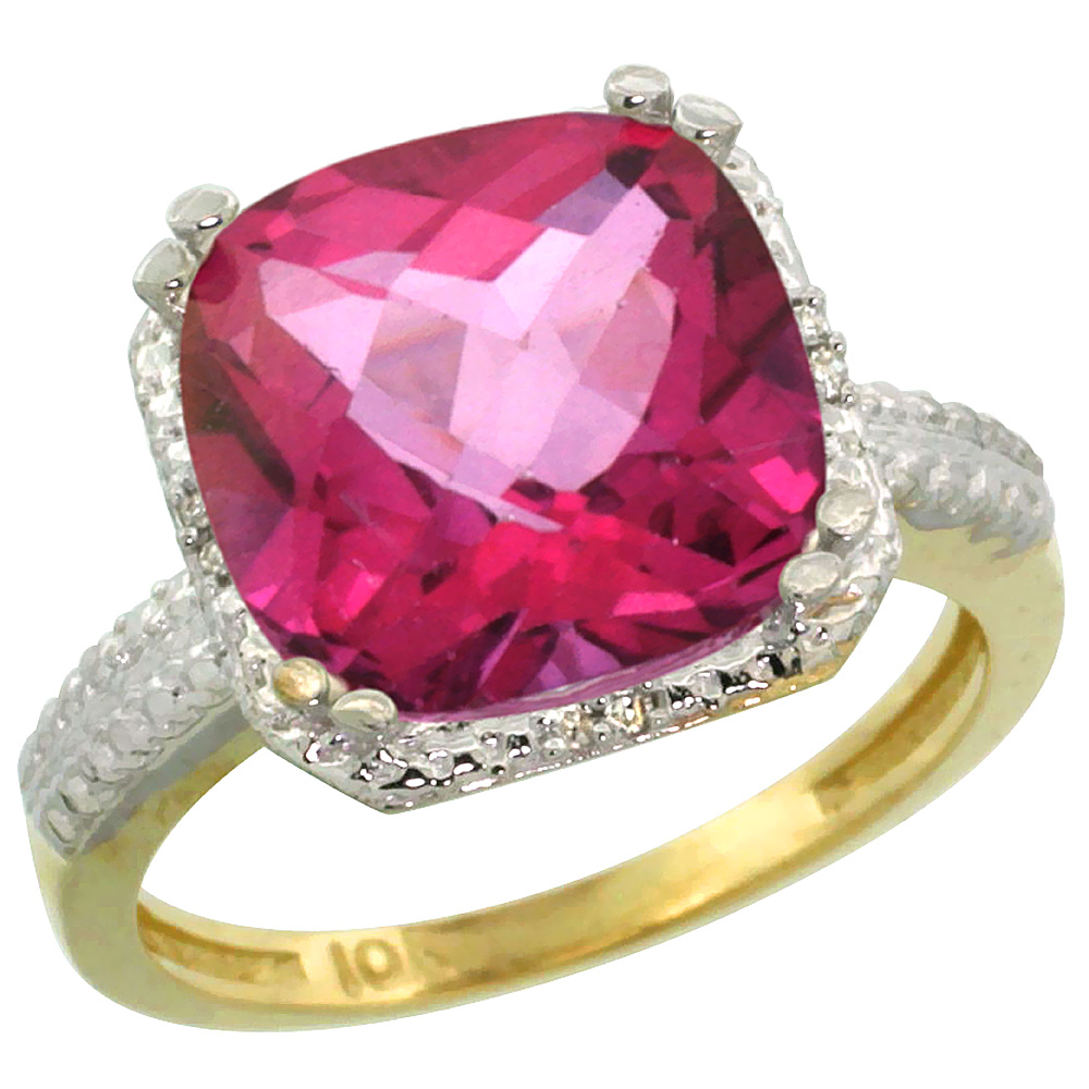 10K Yellow Gold Diamond Natural Pink Topaz Ring Cushion-cut 11x11mm, sizes 5-10