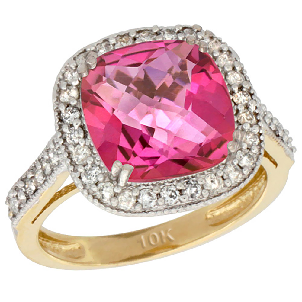 10k Yellow Gold Natural Pink Topaz Ring Cushion-cut 9x9mm Diamond Halo, sizes 5-10