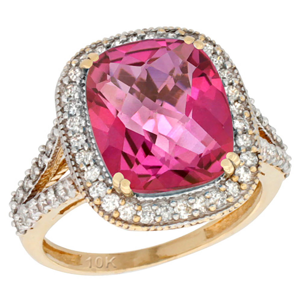 14K Yellow Gold Natural Pink Topaz Ring Cushion-cut 12x10mm Diamond Halo, sizes 5-10