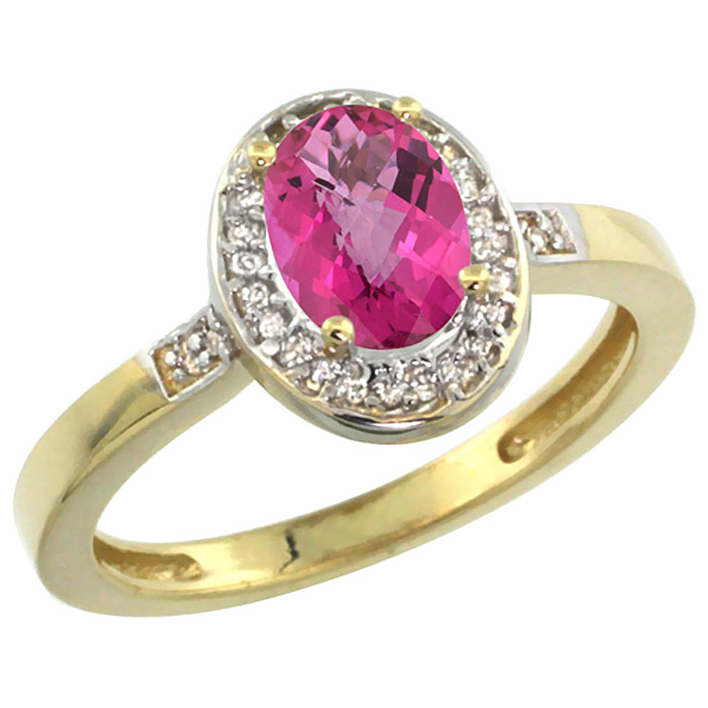 14K Yellow Gold Diamond Natural Pink Topaz Engagement Ring Oval 7x5mm, sizes 5-10