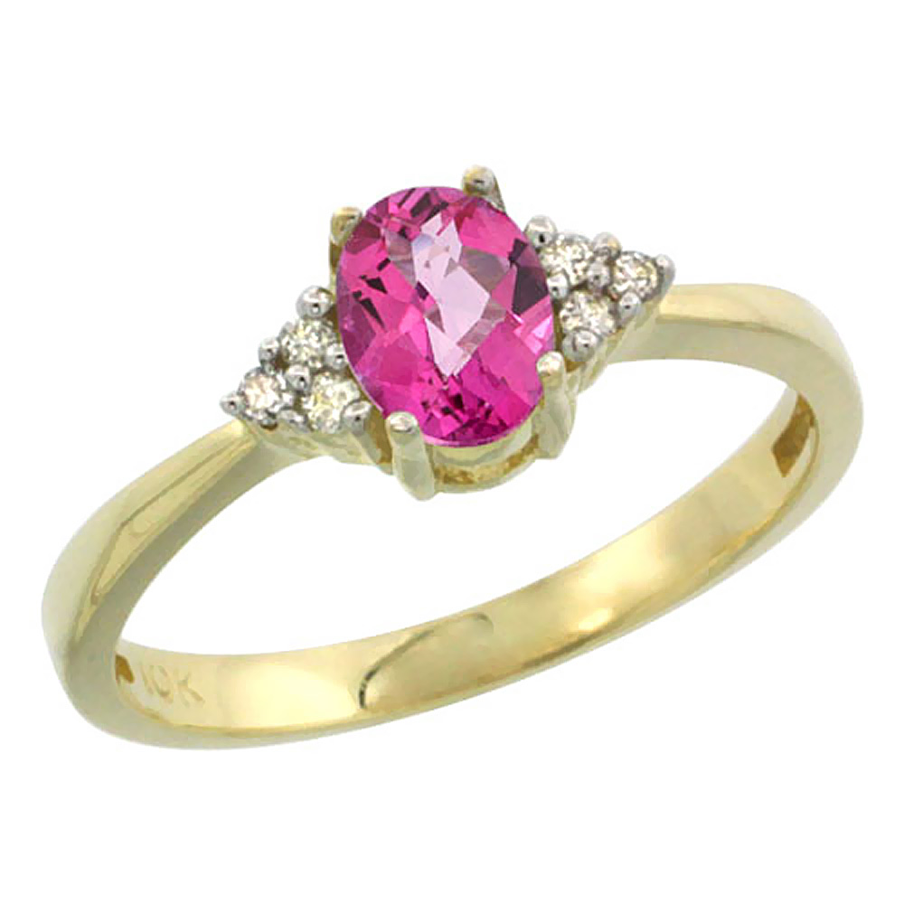 14K Yellow Gold Natural Pink Topaz Ring Oval 6x4mm Diamond Accent, sizes 5-10