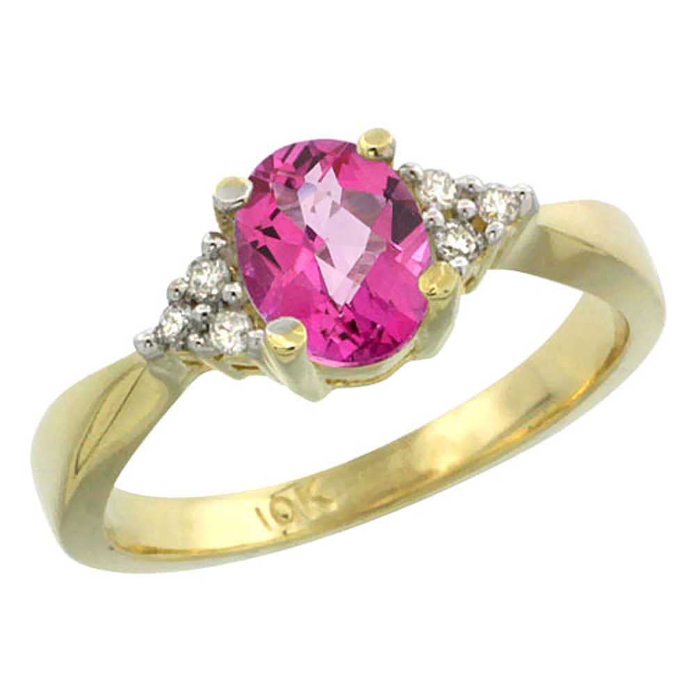 10K Yellow Gold Diamond Natural Pink Topaz Engagement Ring Oval 7x5mm, sizes 5-10