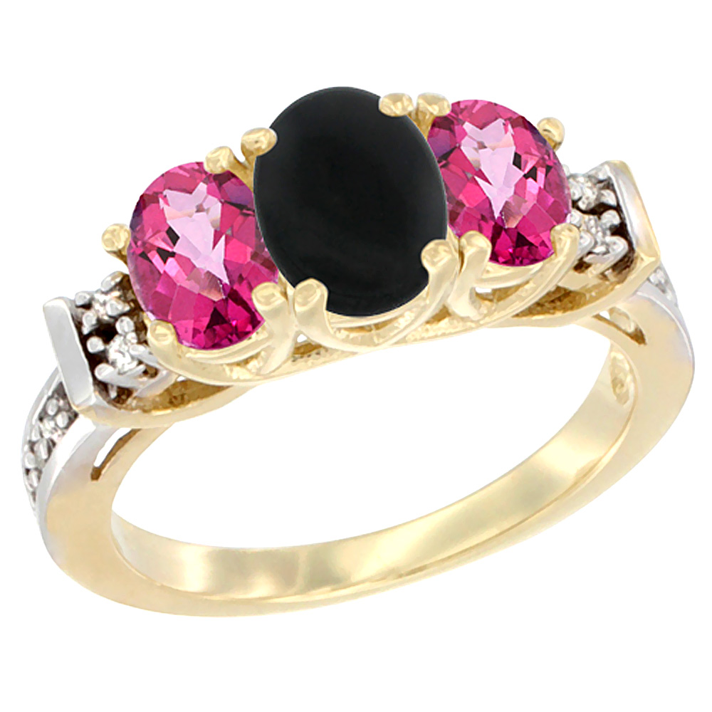 14K Yellow Gold Natural Black Onyx &amp; Pink Topaz Ring 3-Stone Oval Diamond Accent