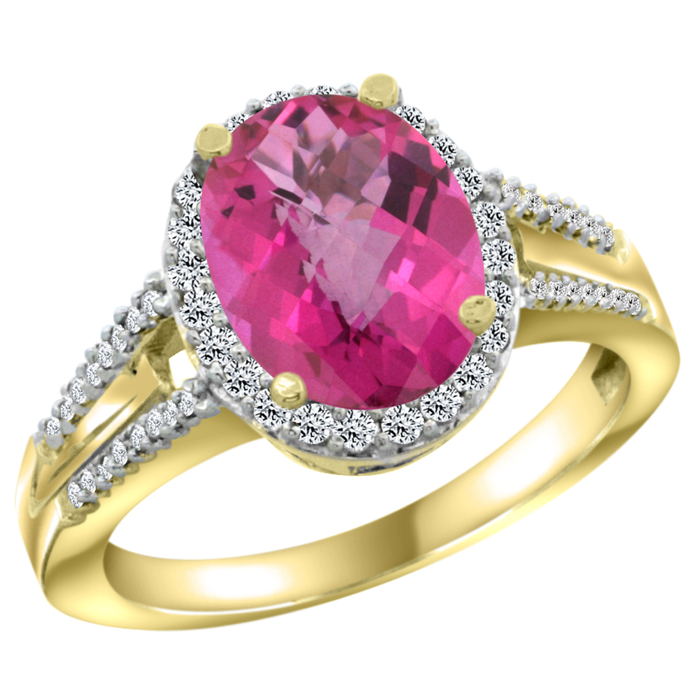 14K Yellow Gold Diamond Natural Pink Topaz Engagement Ring Oval 10x8mm, sizes 5-10