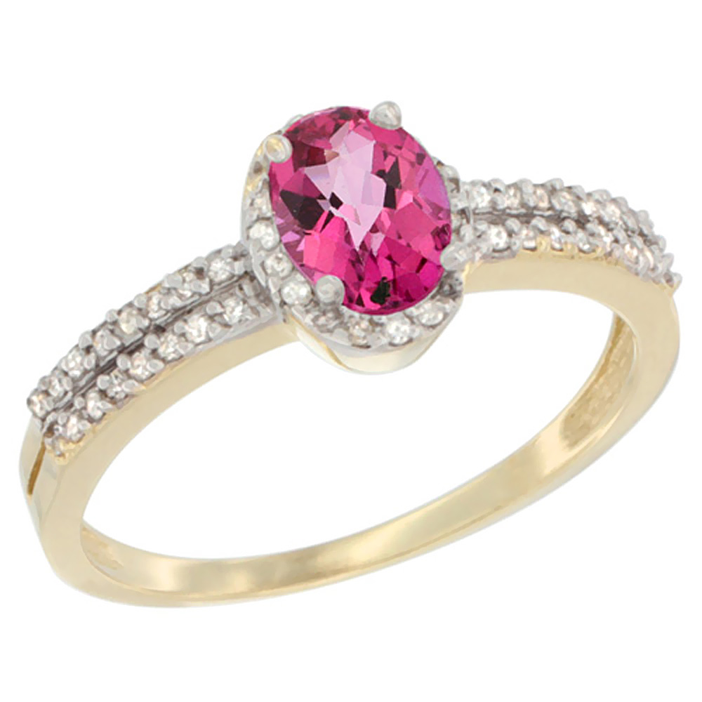 10K Yellow Gold Natural Pink Topaz Ring Oval 6x4mm Diamond Accent, sizes 5-10