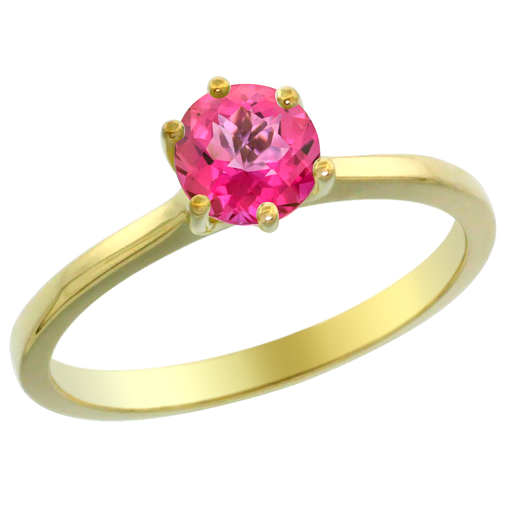 14K Yellow Gold Natural Pink Topaz Solitaire Ring Round 6mm, sizes 5 - 10