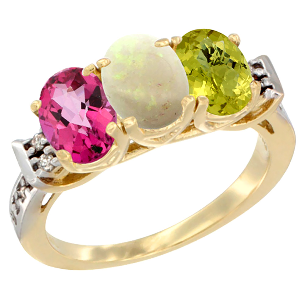 10K Yellow Gold Natural Pink Topaz, Opal & Lemon Quartz Ring 3-Stone Oval 7x5 mm Diamond Accent, sizes 5 - 10