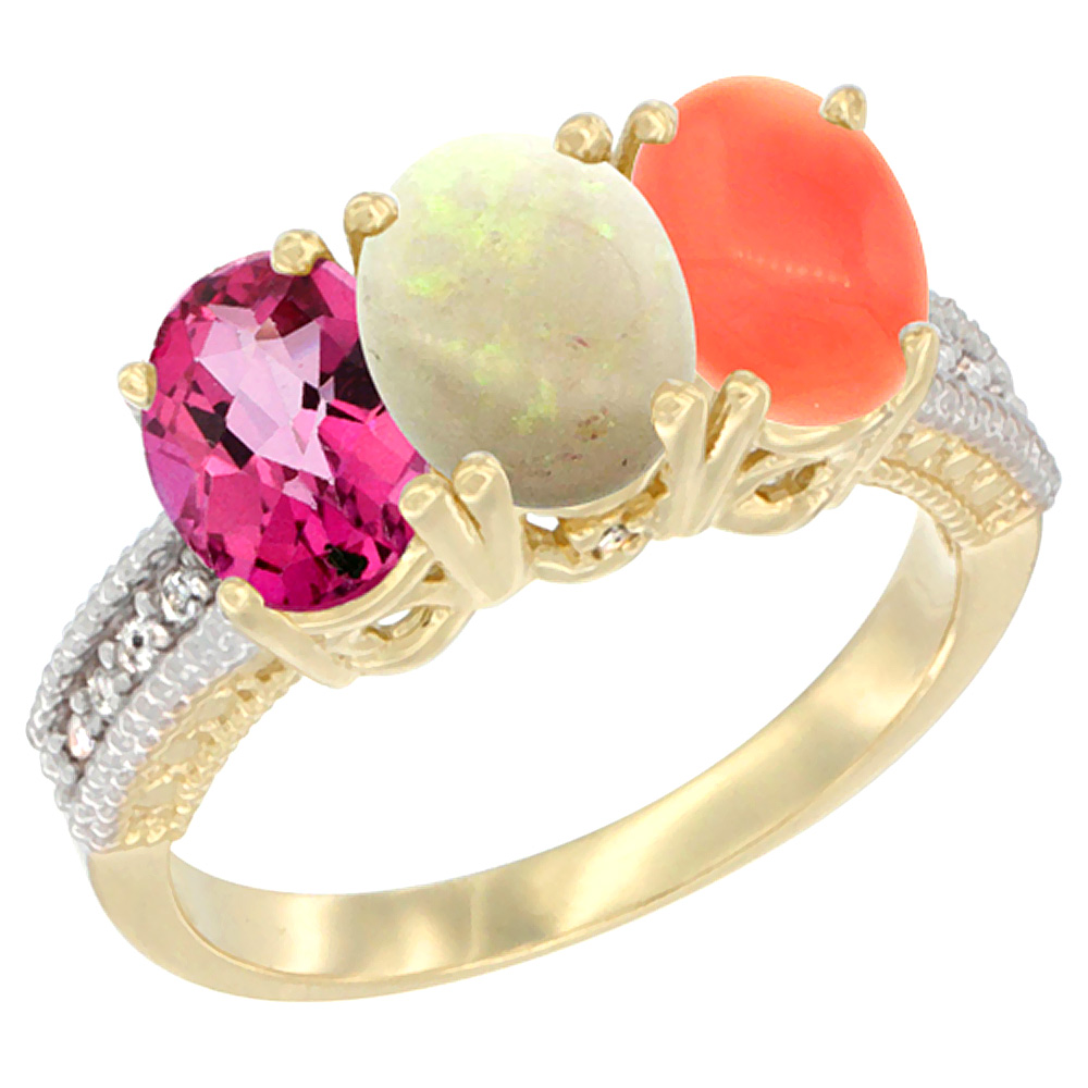 10K Yellow Gold Diamond Natural Pink Topaz, Opal &amp; Coral Ring 3-Stone 7x5 mm Oval, sizes 5 - 10