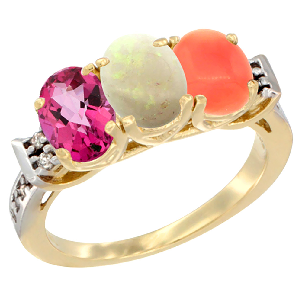 10K Yellow Gold Natural Pink Topaz, Opal & Coral Ring 3-Stone Oval 7x5 mm Diamond Accent, sizes 5 - 10