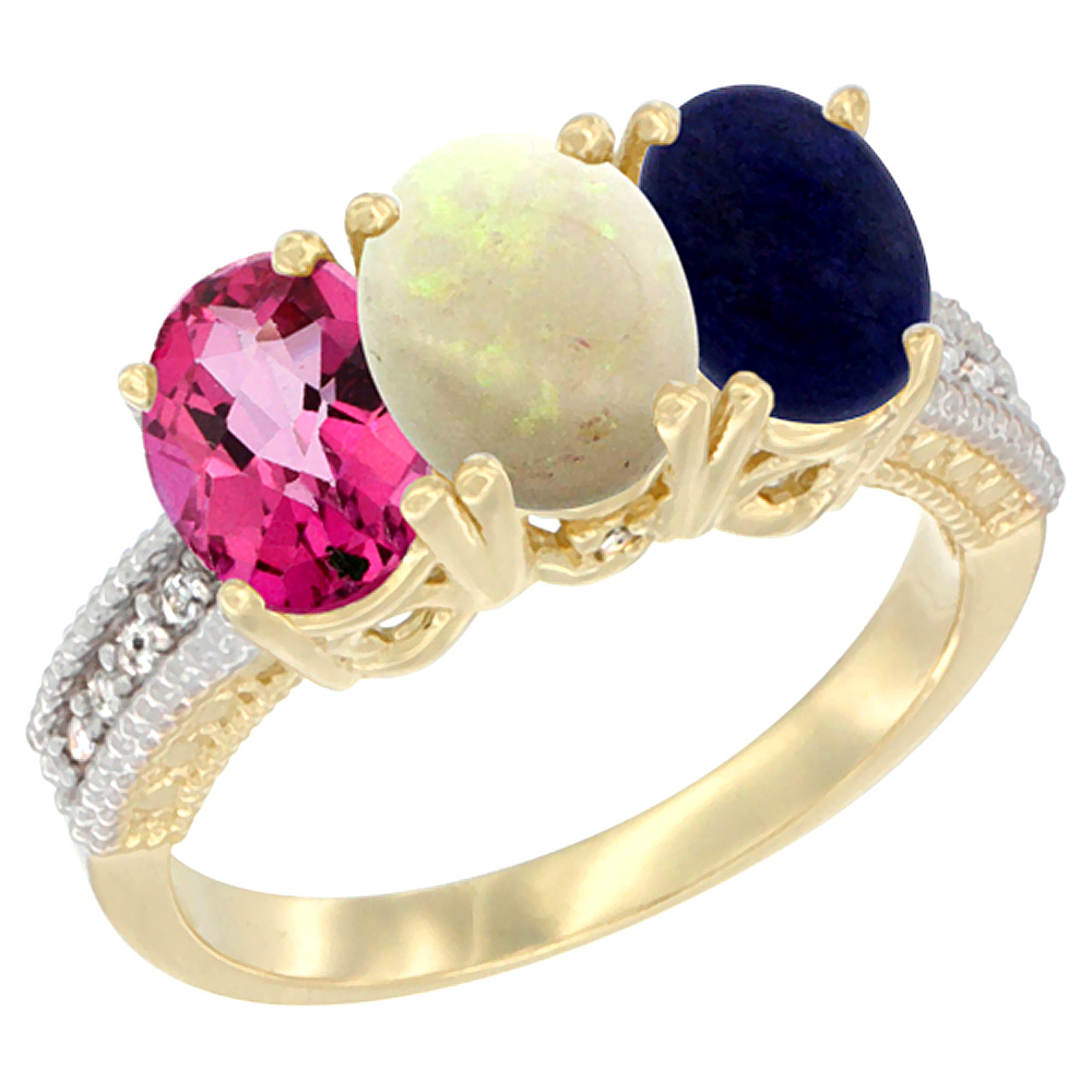 10K Yellow Gold Diamond Natural Pink Topaz, Opal & Lapis Ring 3-Stone 7x5 mm Oval, sizes 5 - 10