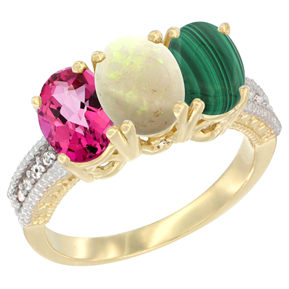 14K Yellow Gold Natural Pink Topaz, Opal & Malachite Ring 3-Stone 7x5 mm Oval Diamond Accent, sizes 5 - 10