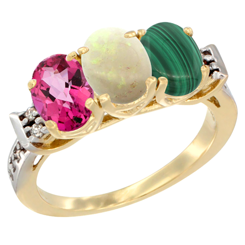 10K Yellow Gold Natural Pink Topaz, Opal & Malachite Ring 3-Stone Oval 7x5 mm Diamond Accent, sizes 5 - 10