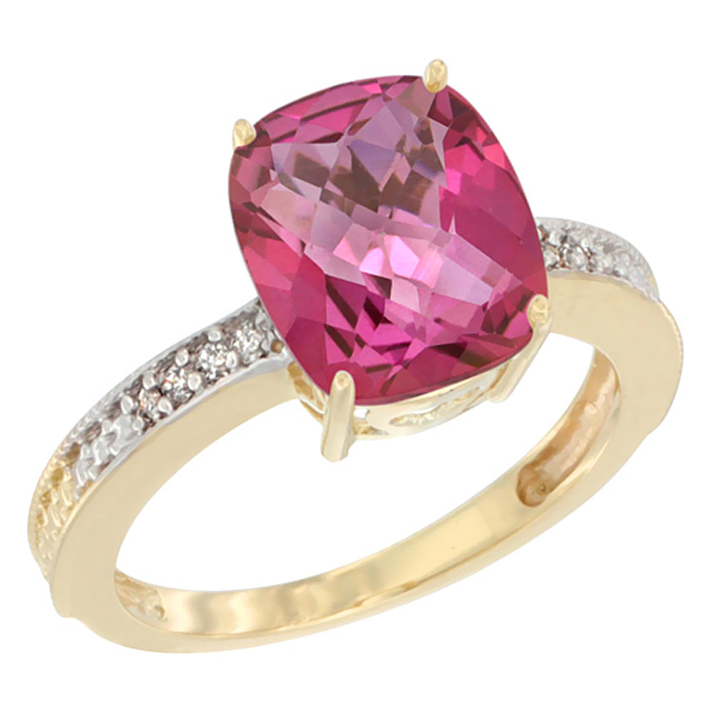 10K Yellow Gold Diamond Cushion 10x8 mm Natural Pink Topaz Stone Ring, sizes 5 - 10