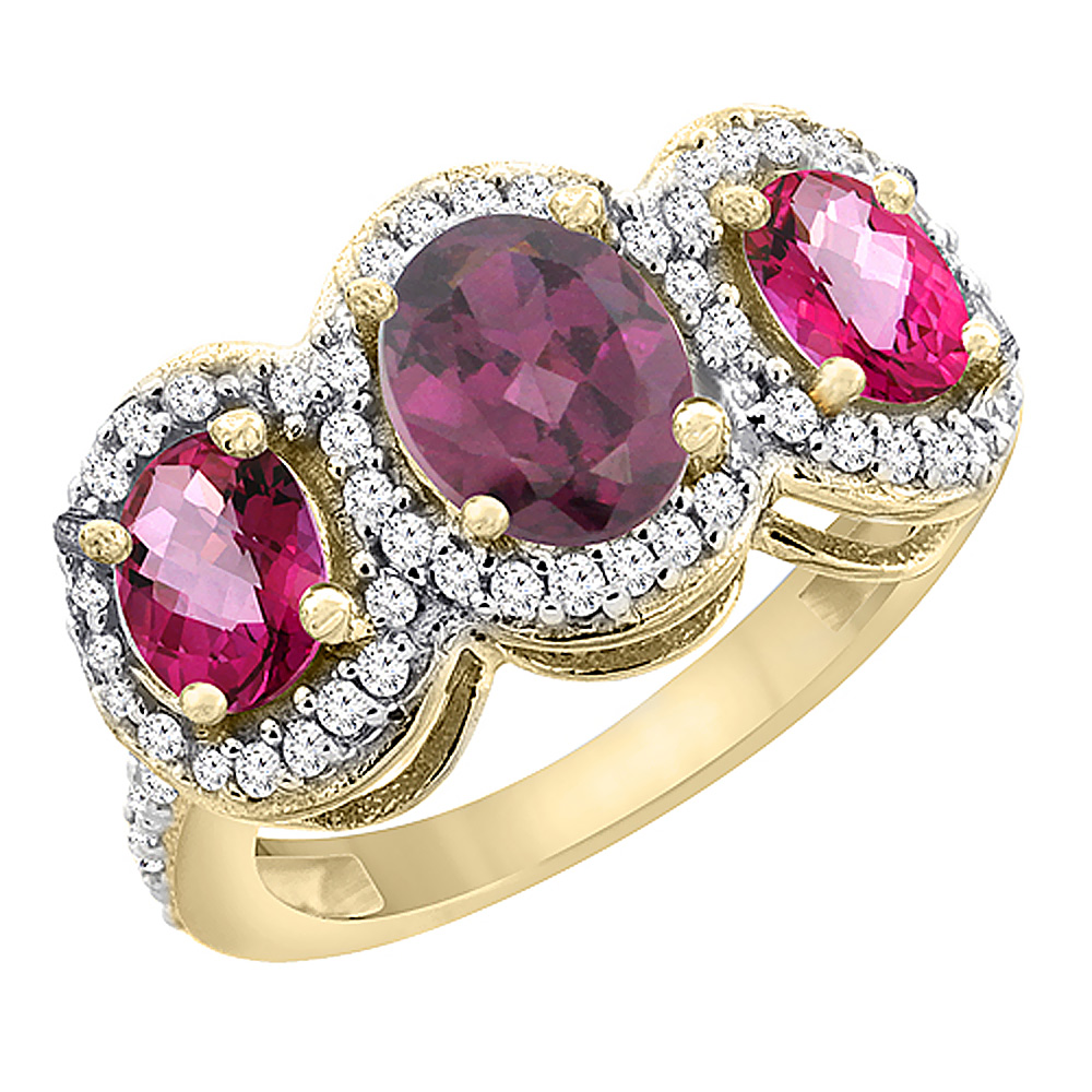 10K Yellow Gold Natural Rhodolite &amp; Pink Topaz 3-Stone Ring Oval Diamond Accent, sizes 5 - 10