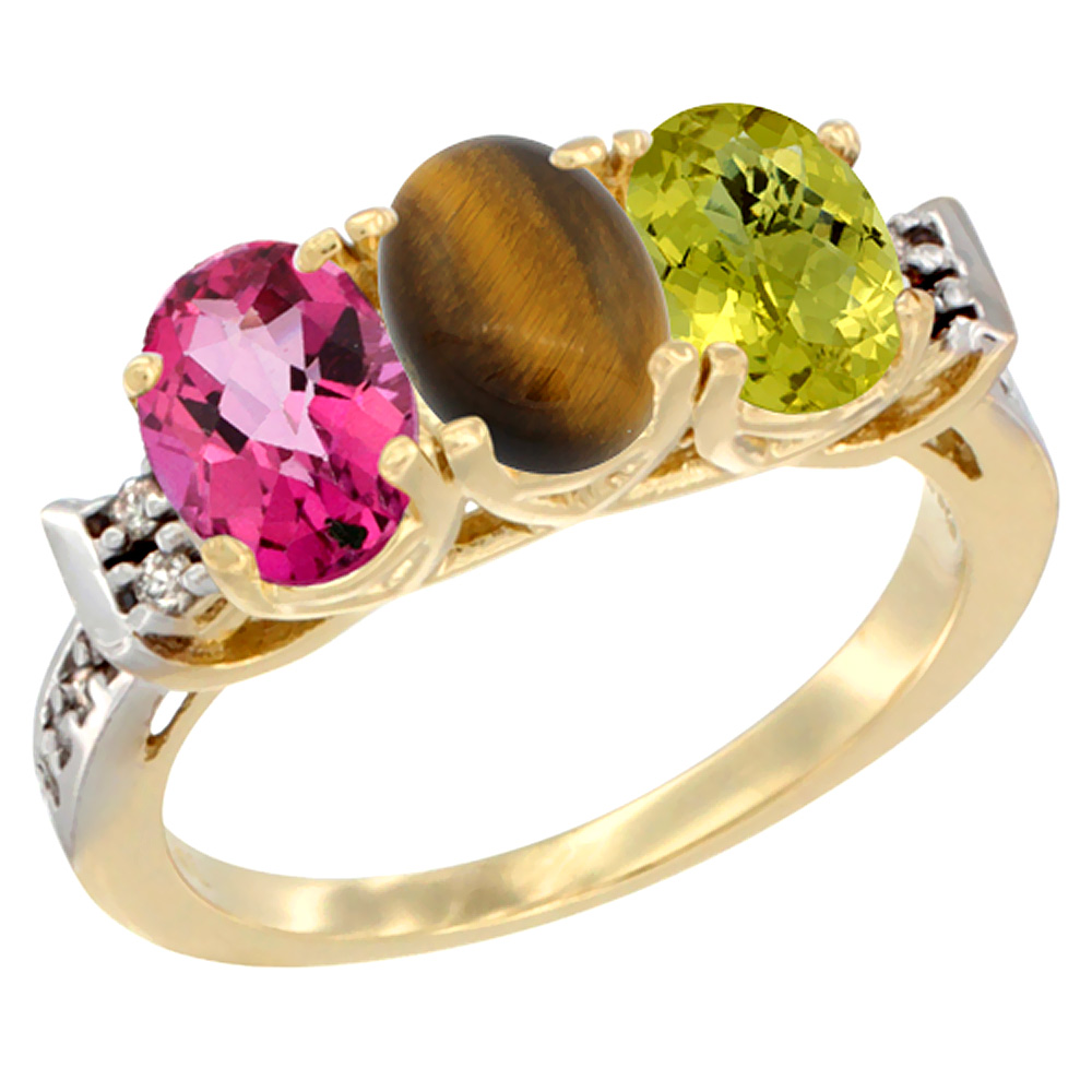 14K Yellow Gold Natural Pink Topaz, Tiger Eye & Lemon Quartz Ring 3-Stone Oval 7x5 mm Diamond Accent, sizes 5 - 10