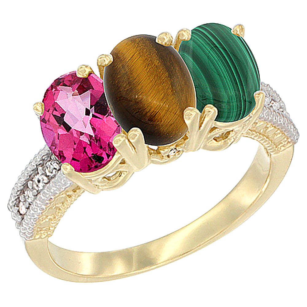 14K Yellow Gold Natural Pink Topaz, Tiger Eye & Malachite Ring 3-Stone 7x5 mm Oval Diamond Accent, sizes 5 - 10