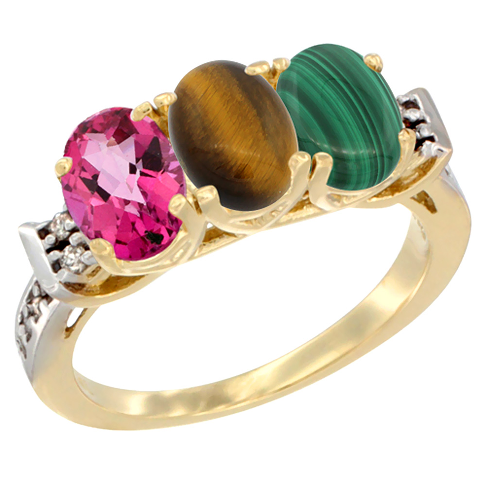 10K Yellow Gold Natural Pink Topaz, Tiger Eye & Malachite Ring 3-Stone Oval 7x5 mm Diamond Accent, sizes 5 - 10