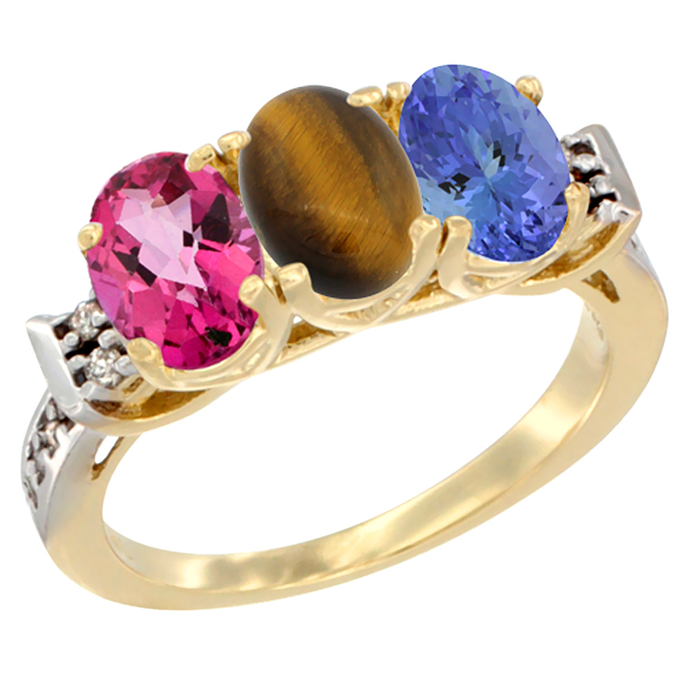 10K Yellow Gold Natural Pink Topaz, Tiger Eye & Tanzanite Ring 3-Stone Oval 7x5 mm Diamond Accent, sizes 5 - 10