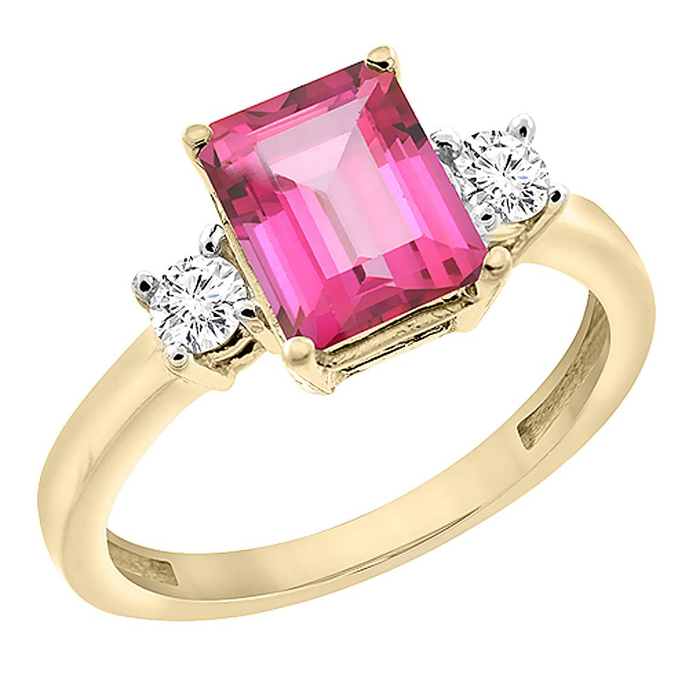 10K Yellow Gold Natural Pink Topaz Ring Octagon 8x6 mm with Diamond Accents, sizes 5 - 10