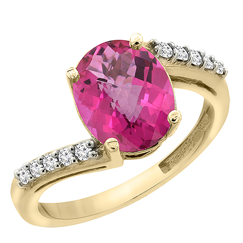 10K Yellow Gold Diamond Natural Pink Topaz Engagement Ring Oval 10x8mm, sizes 5-10