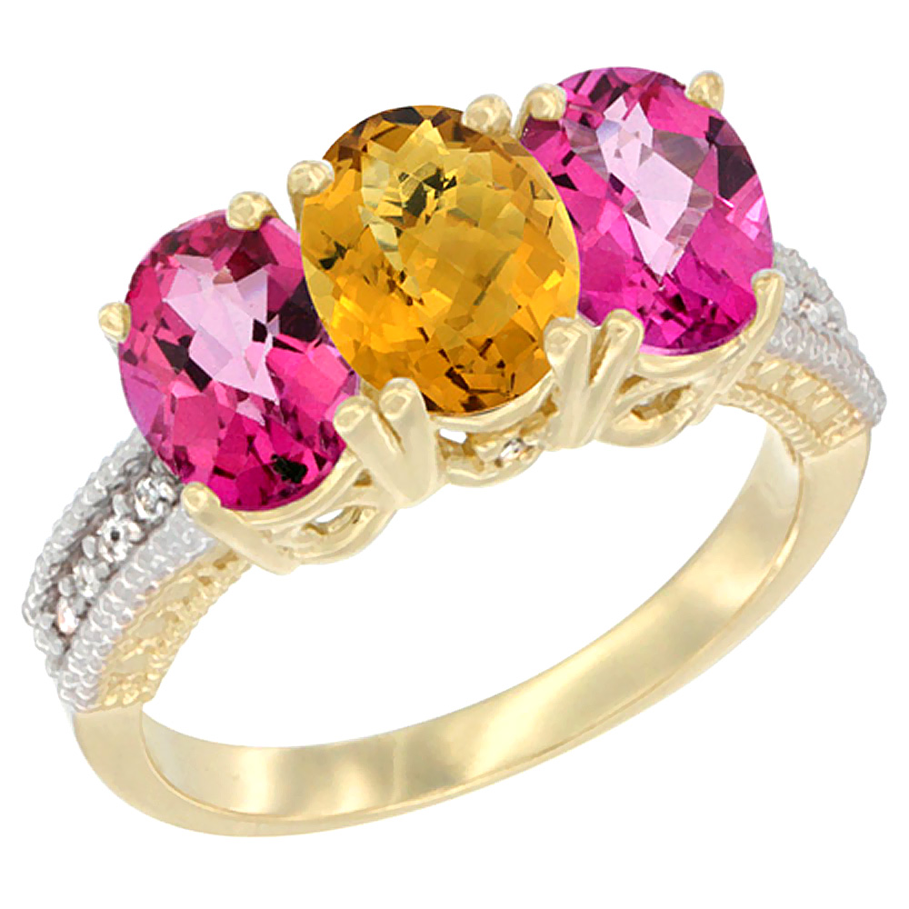 10K Yellow Gold Diamond Natural Whisky Quartz &amp; Pink Topaz Ring 3-Stone 7x5 mm Oval, sizes 5 - 10