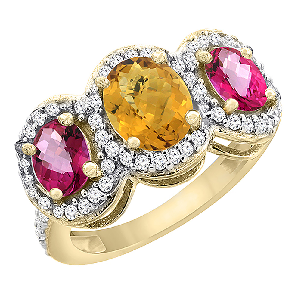 14K Yellow Gold Natural Whisky Quartz & Pink Topaz 3-Stone Ring Oval Diamond Accent, sizes 5 - 10