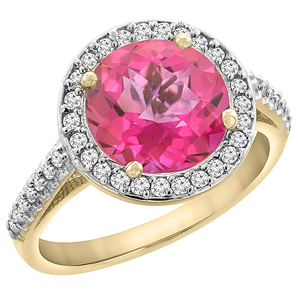 14K Yellow Gold Natural Pink Topaz Ring Round 8mm Diamond Halo, sizes 5 to 10