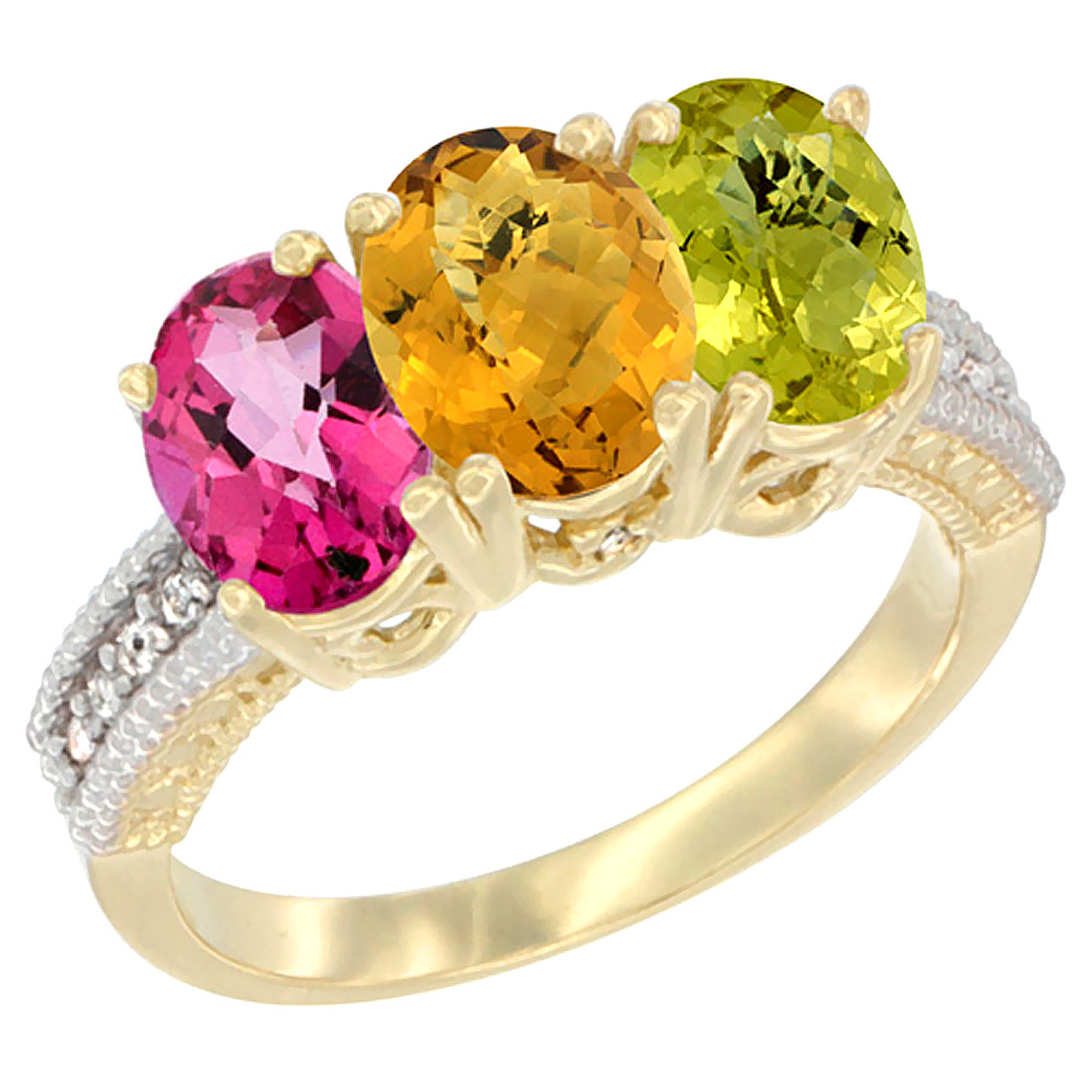 10K Yellow Gold Diamond Natural Pink Topaz, Whisky Quartz & Lemon Quartz Ring 3-Stone 7x5 mm Oval, sizes 5 - 10