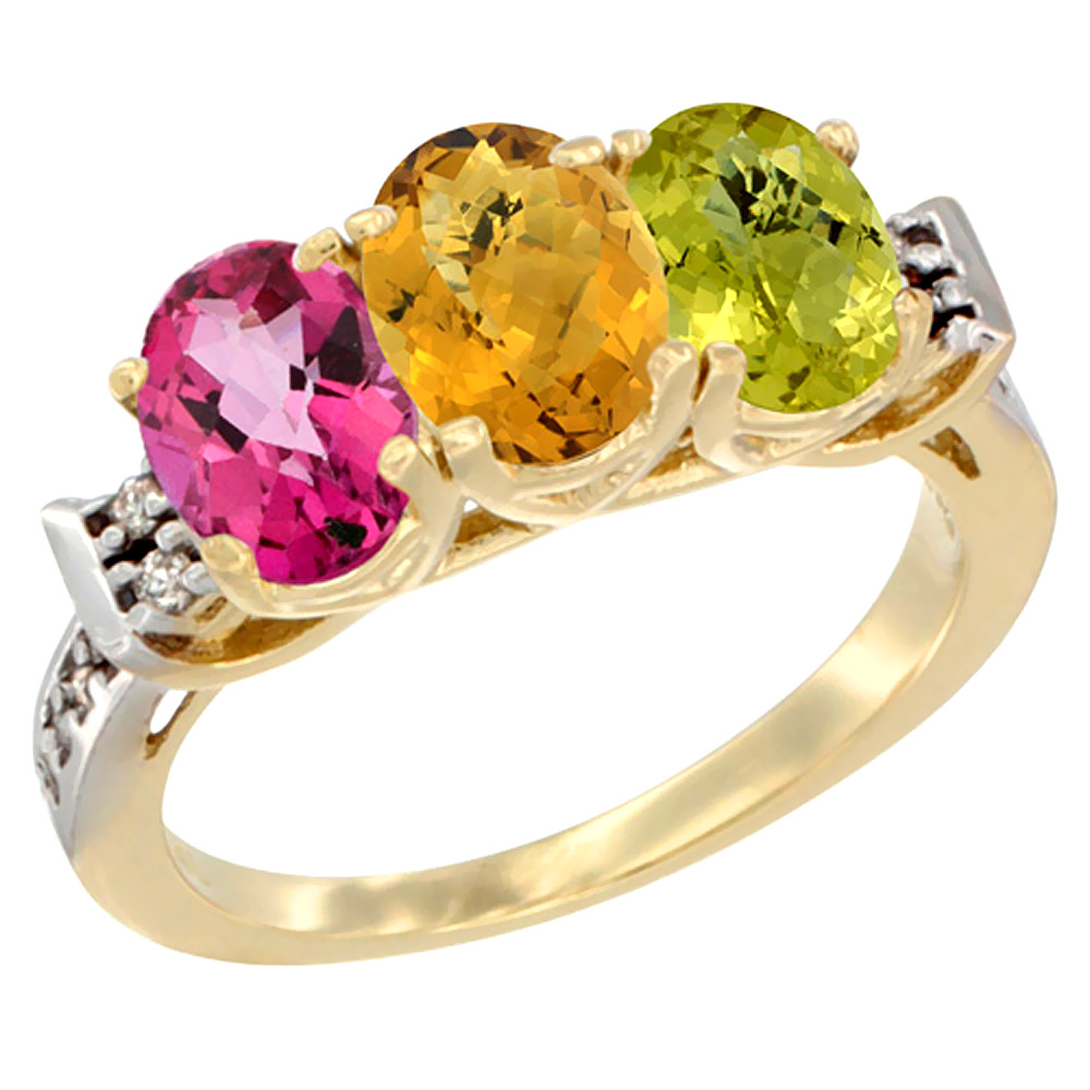 10K Yellow Gold Natural Pink Topaz, Whisky Quartz & Lemon Quartz Ring 3-Stone Oval 7x5 mm Diamond Accent, sizes 5 - 10