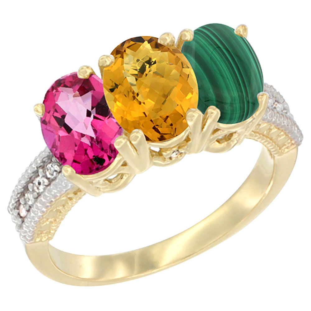 14K Yellow Gold Natural Pink Topaz, Whisky Quartz & Malachite Ring 3-Stone 7x5 mm Oval Diamond Accent, sizes 5 - 10