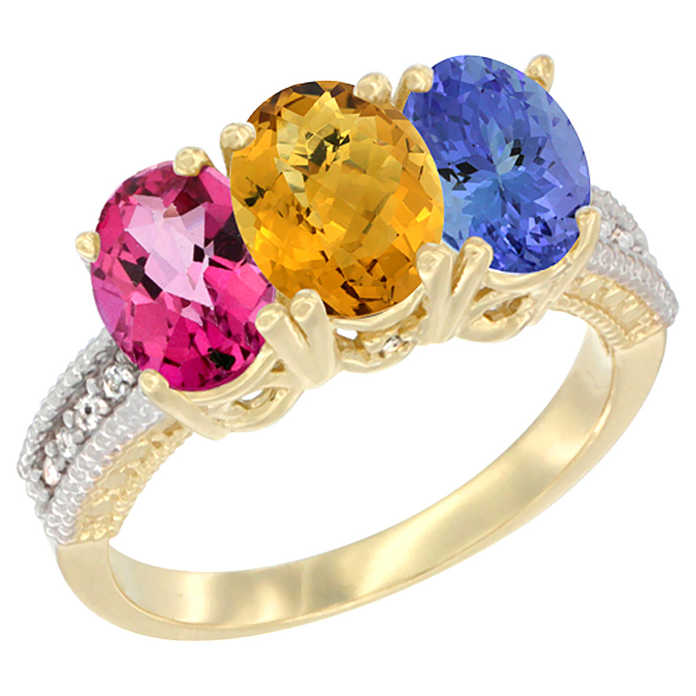 14K Yellow Gold Natural Pink Topaz, Whisky Quartz & Tanzanite Ring 3-Stone 7x5 mm Oval Diamond Accent, sizes 5 - 10