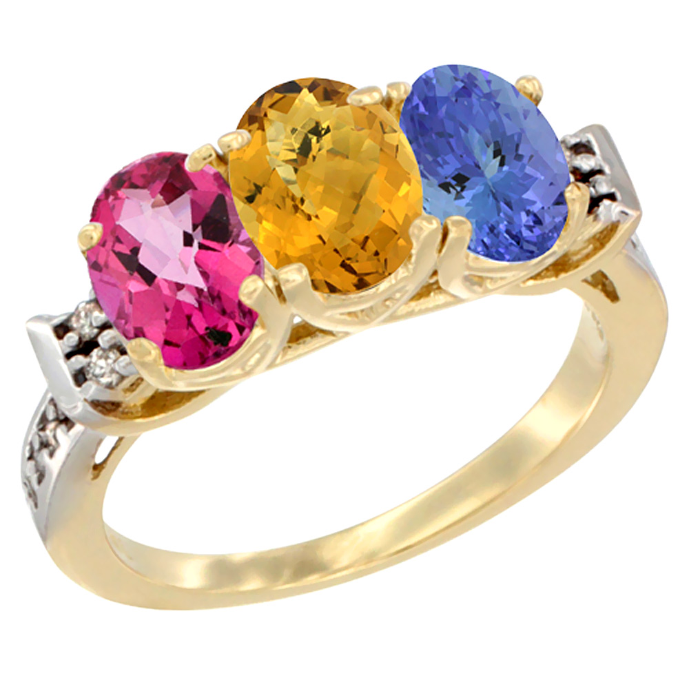 10K Yellow Gold Natural Pink Topaz, Whisky Quartz & Tanzanite Ring 3-Stone Oval 7x5 mm Diamond Accent, sizes 5 - 10