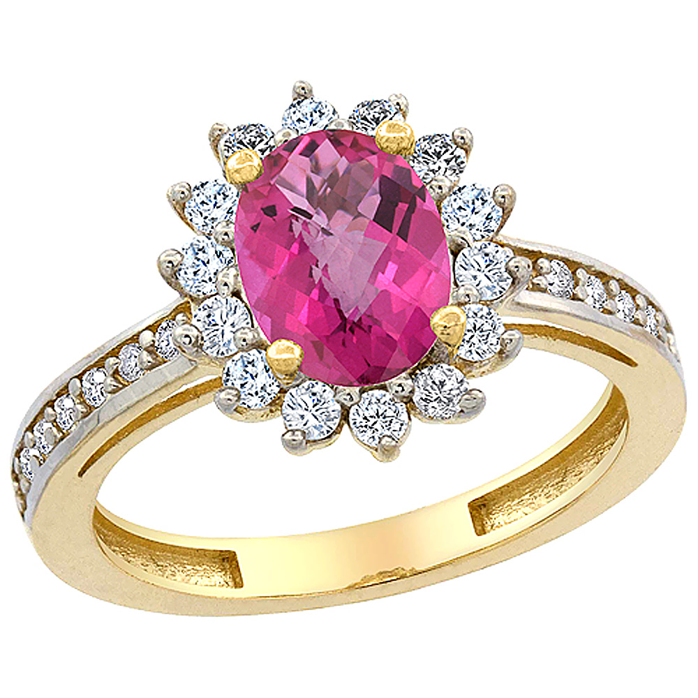 14K Yellow Gold Natural Pink Sapphire Floral Halo Ring Oval 8x6mm Diamond Accents, sizes 5 - 10