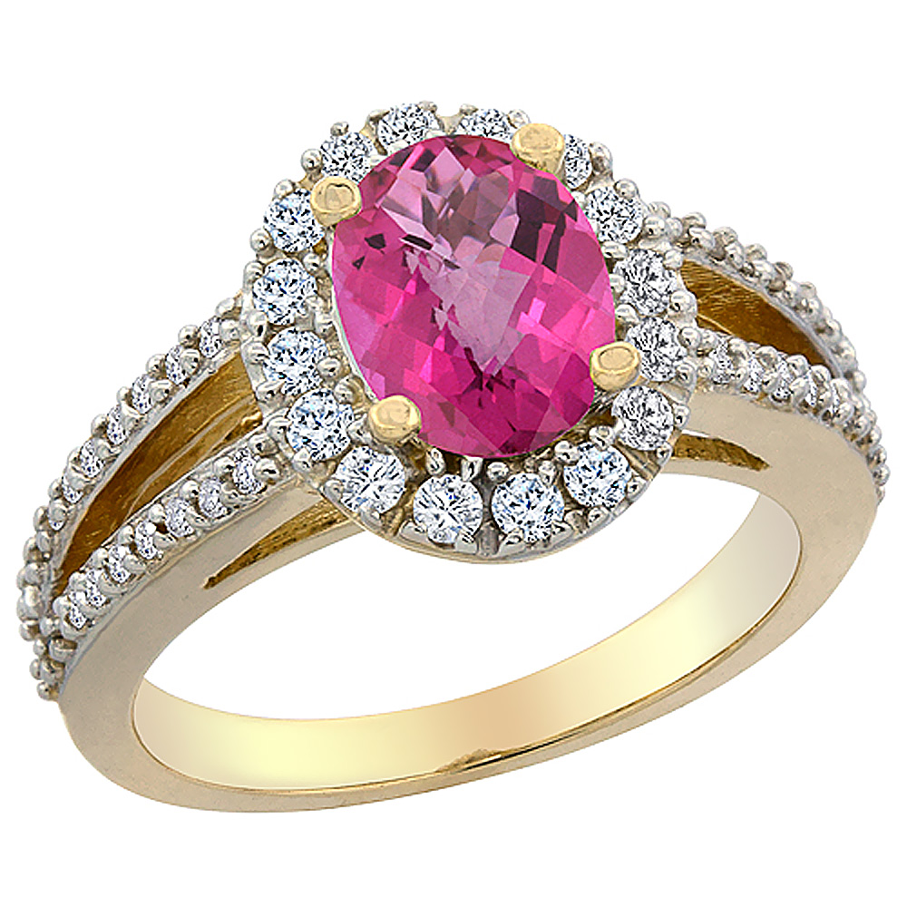14K Yellow Gold Natural Pink Sapphire Halo Ring Oval 8x6 mm with Diamond Accents, sizes 5 - 10