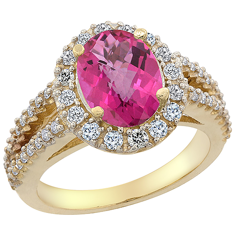 10K Yellow Gold Diamond Natural Pink Topaz Engagement Ring Oval 10x8mm, sizes 5-10