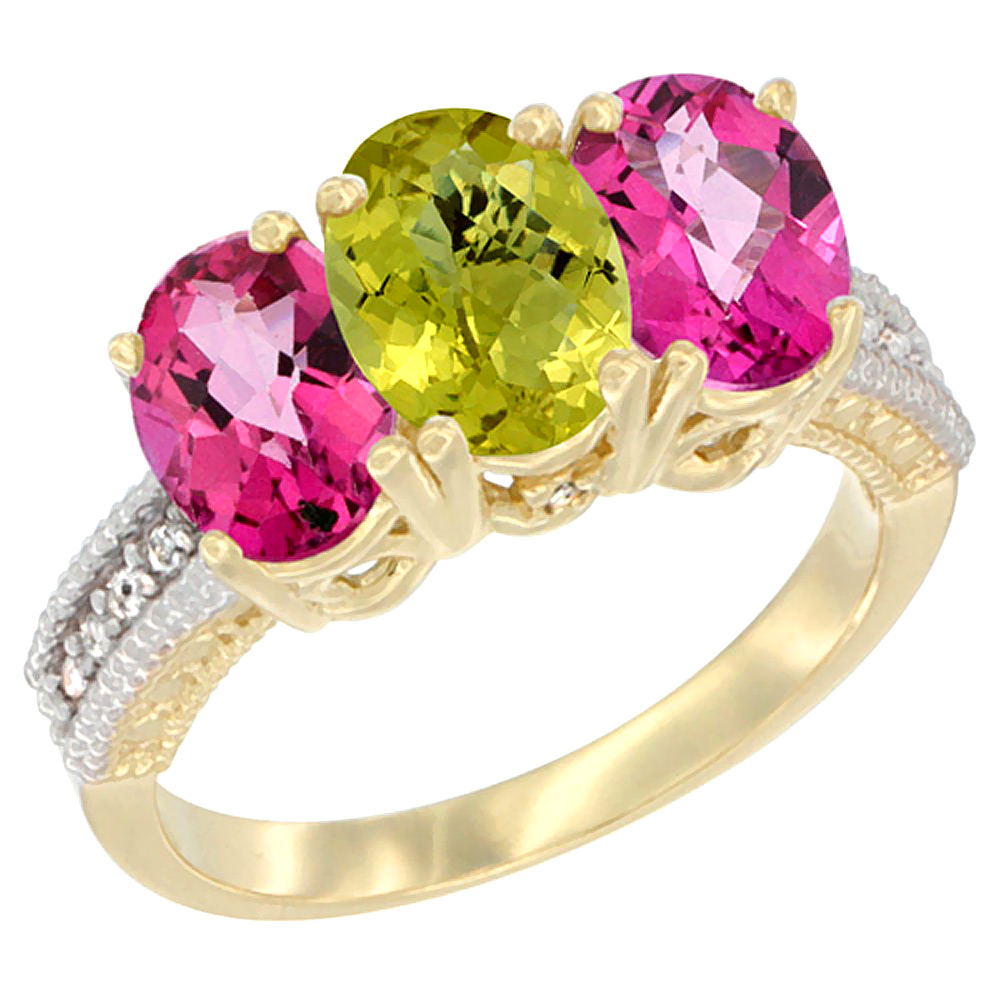 10K Yellow Gold Diamond Natural Lemon Quartz & Pink Topaz Ring 3-Stone 7x5 mm Oval, sizes 5 - 10