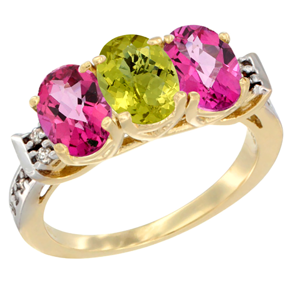 10K Yellow Gold Natural Lemon Quartz & Pink Topaz Sides Ring 3-Stone Oval 7x5 mm Diamond Accent, sizes 5 - 10