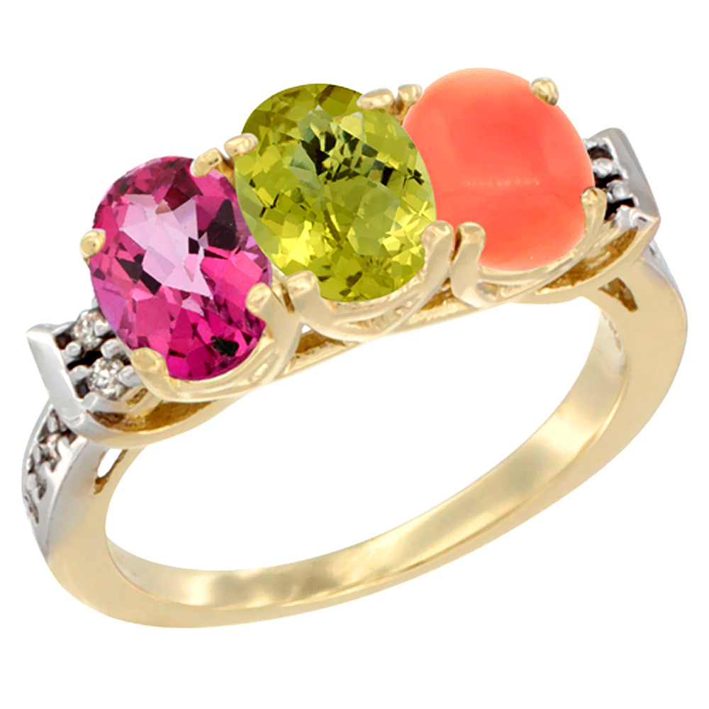 10K Yellow Gold Natural Pink Topaz, Lemon Quartz & Coral Ring 3-Stone Oval 7x5 mm Diamond Accent, sizes 5 - 10