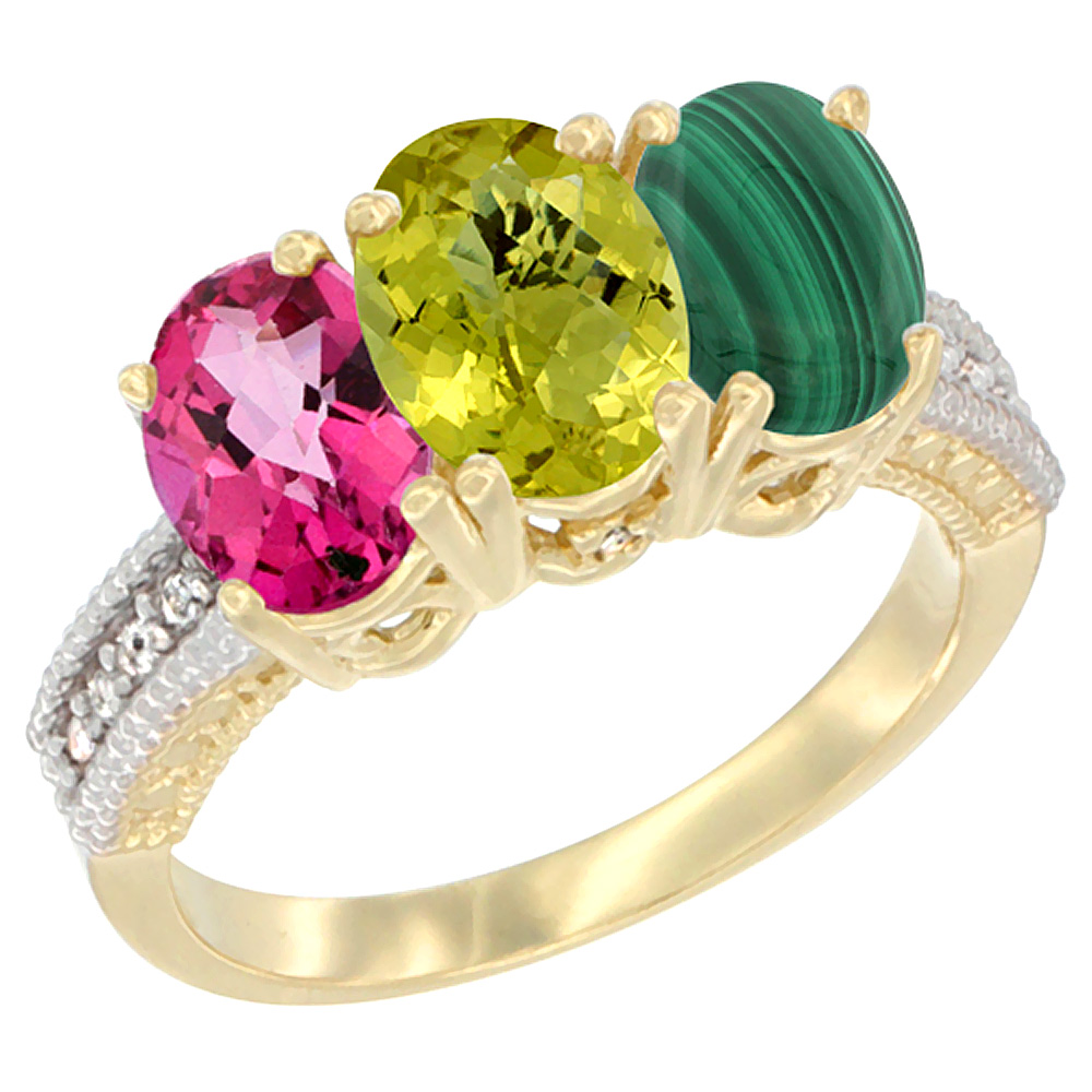 14K Yellow Gold Natural Pink Topaz, Lemon Quartz & Malachite Ring 3-Stone 7x5 mm Oval Diamond Accent, sizes 5 - 10