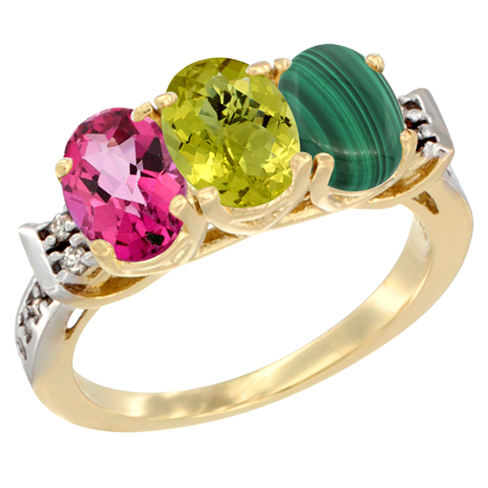 10K Yellow Gold Natural Pink Topaz, Lemon Quartz &amp; Malachite Ring 3-Stone Oval 7x5 mm Diamond Accent, sizes 5 - 10