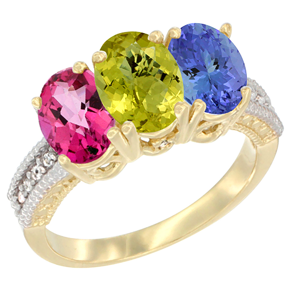 14K Yellow Gold Natural Pink Topaz, Lemon Quartz & Tanzanite Ring 3-Stone 7x5 mm Oval Diamond Accent, sizes 5 - 10