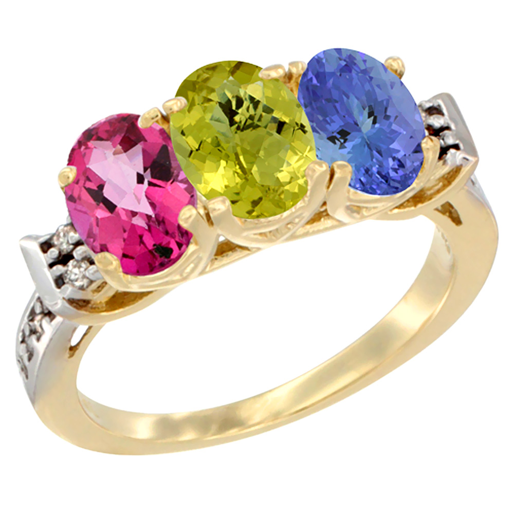 14K Yellow Gold Natural Pink Topaz, Lemon Quartz &amp; Tanzanite Ring 3-Stone Oval 7x5 mm Diamond Accent, sizes 5 - 10