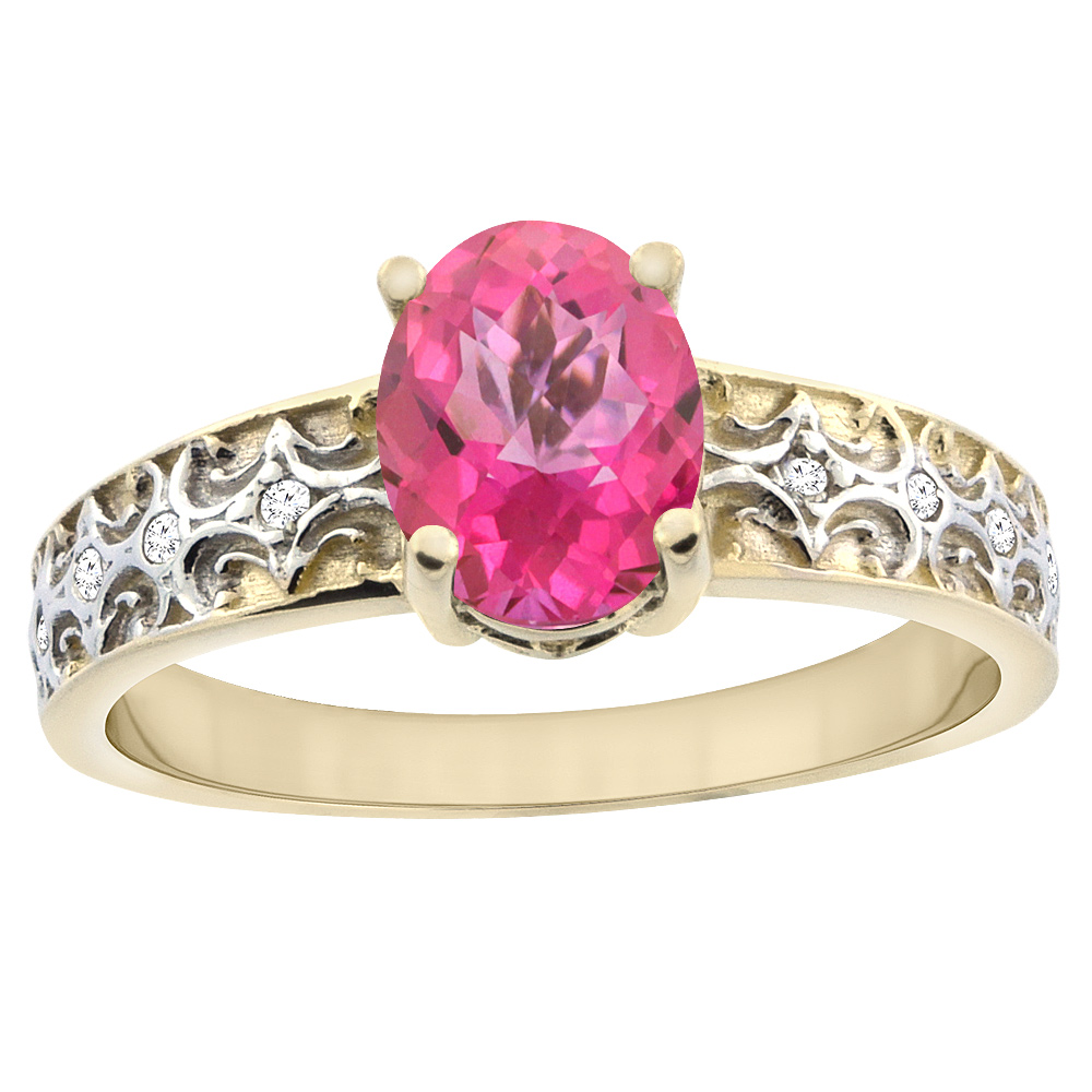 14K Yellow Gold Natural Pink Sapphire Ring Oval 8x6 mm Diamond Accents, sizes 5 - 10