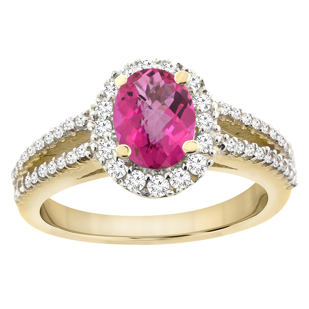 14K Yellow Gold Natural Pink Topaz Split Shank Halo Engagement Ring Oval 7x5 mm, sizes 5 - 10