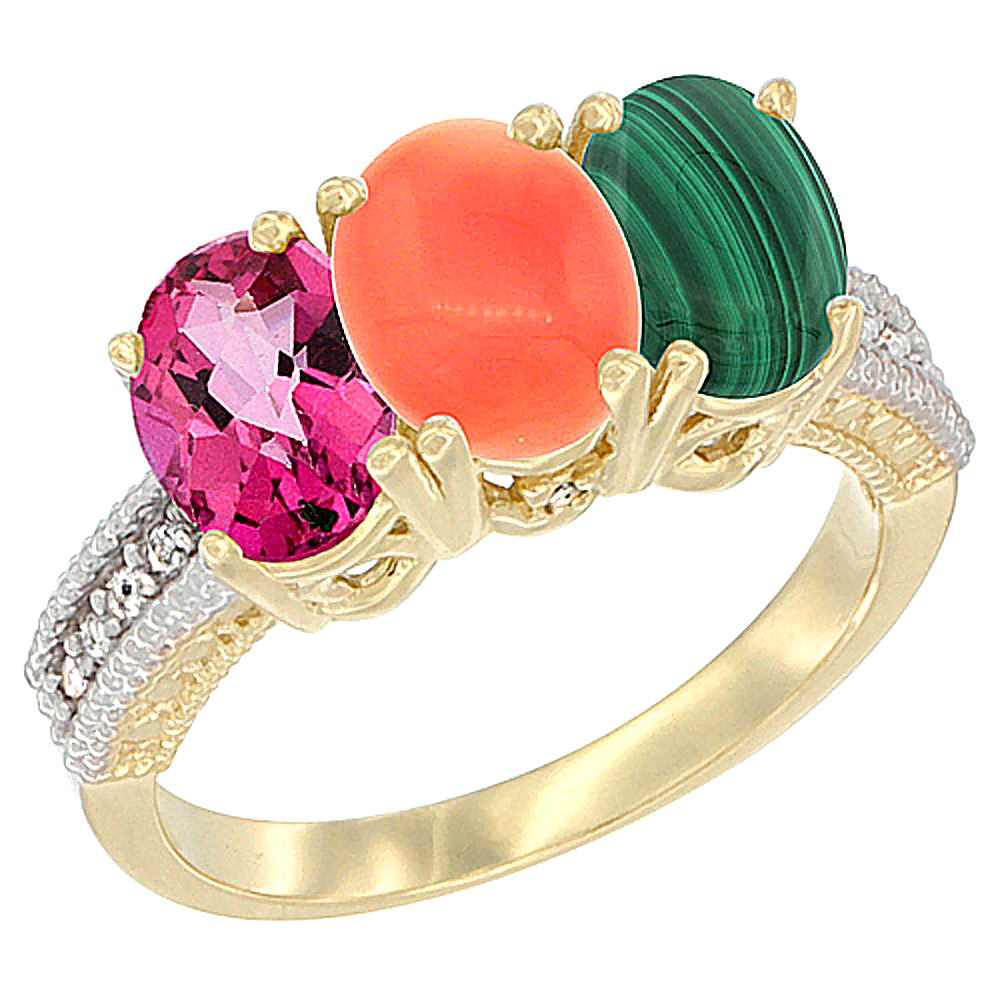 10K Yellow Gold Diamond Natural Pink Topaz, Coral & Malachite Ring 3-Stone 7x5 mm Oval, sizes 5 - 10