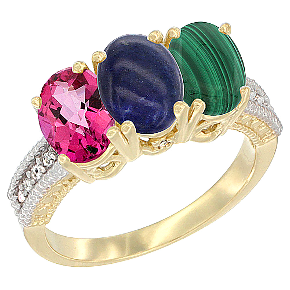 10K Yellow Gold Diamond Natural Pink Topaz, Lapis &amp; Malachite Ring 3-Stone 7x5 mm Oval, sizes 5 - 10