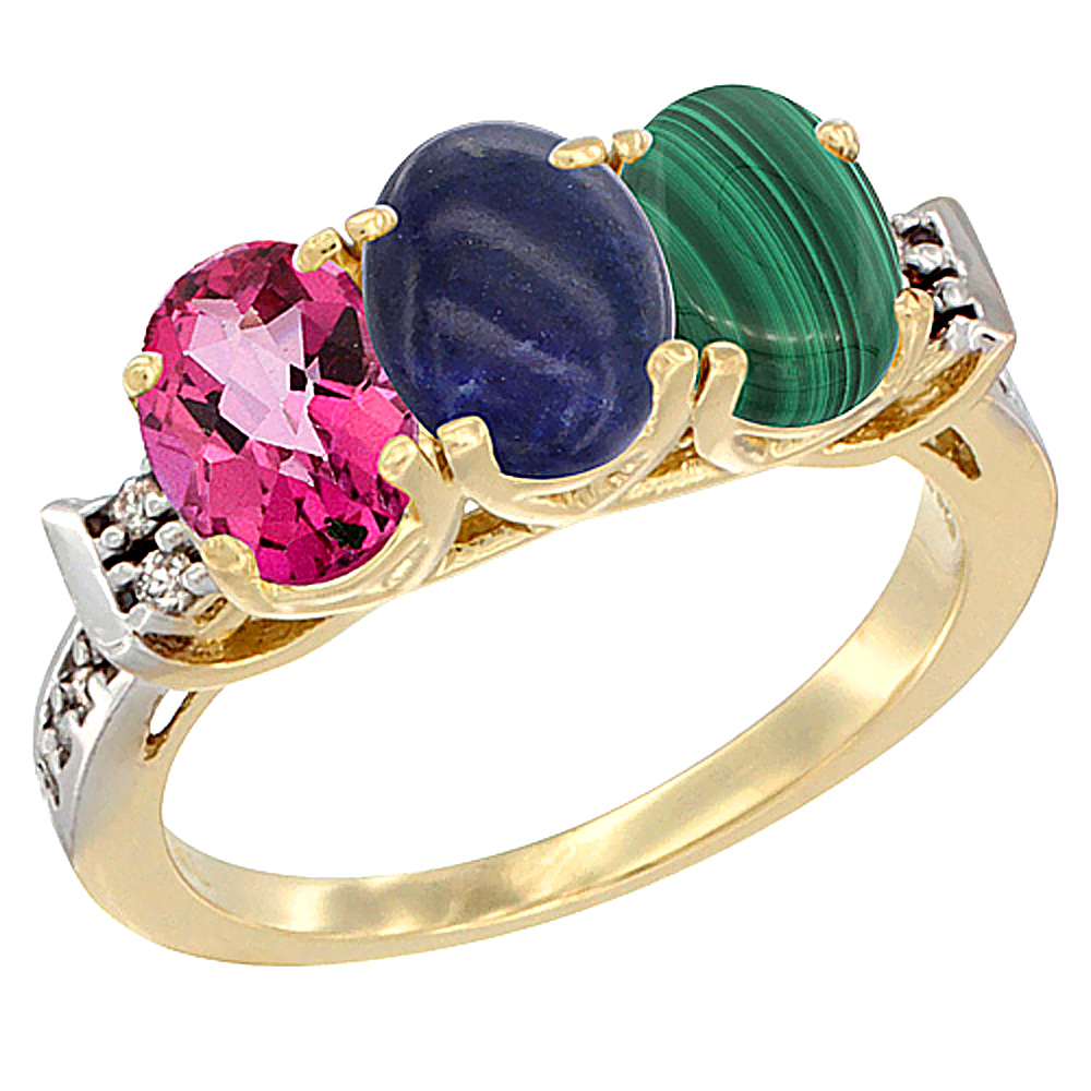 10K Yellow Gold Natural Pink Topaz, Lapis & Malachite Ring 3-Stone Oval 7x5 mm Diamond Accent, sizes 5 - 10