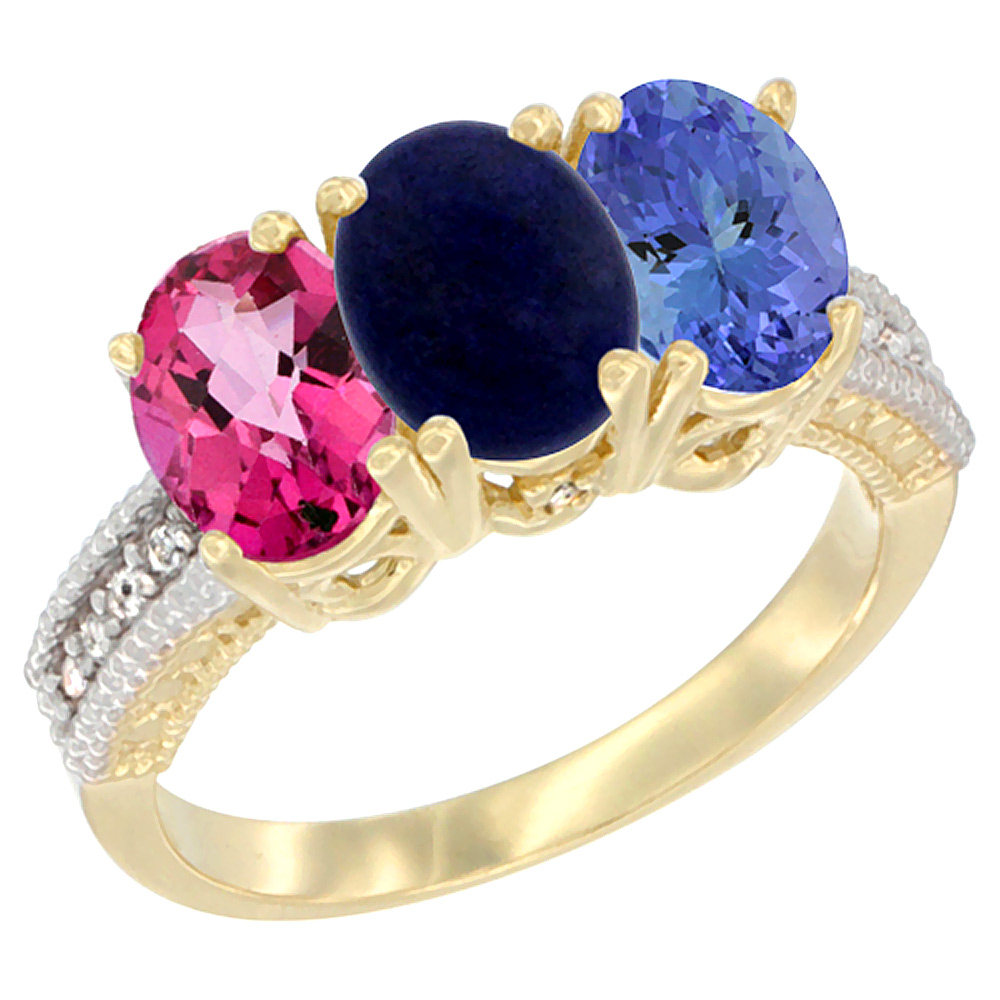 14K Yellow Gold Natural Pink Topaz, Lapis & Tanzanite Ring 3-Stone 7x5 mm Oval Diamond Accent, sizes 5 - 10