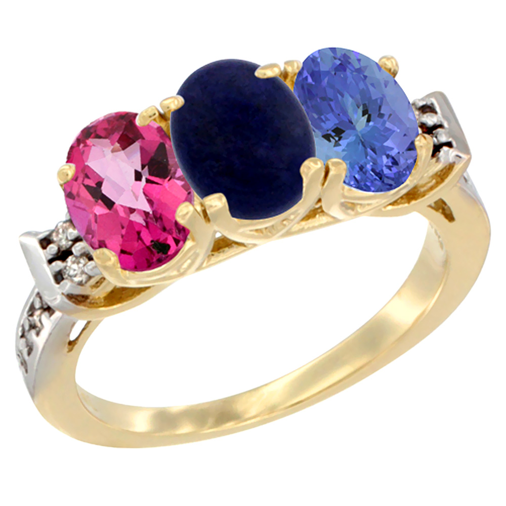 10K Yellow Gold Natural Pink Topaz, Lapis &amp; Tanzanite Ring 3-Stone Oval 7x5 mm Diamond Accent, sizes 5 - 10