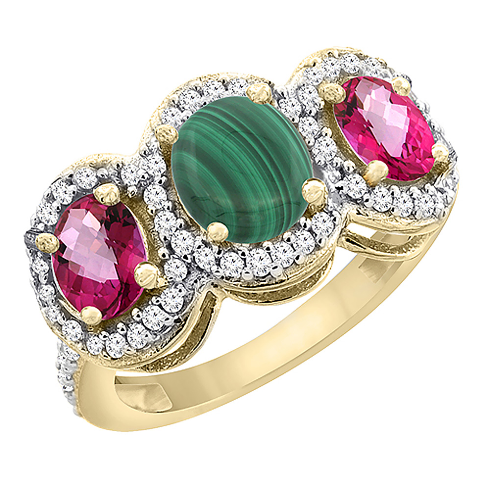 10K Yellow Gold Natural Malachite & Pink Topaz 3-Stone Ring Oval Diamond Accent, sizes 5 - 10